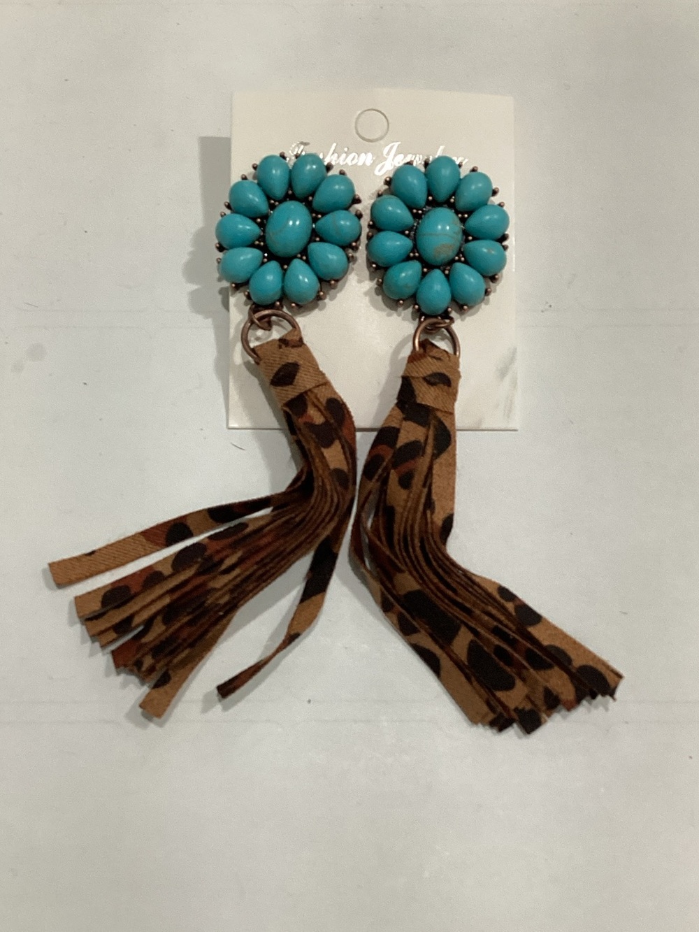 Adrienne Turquoise Floral Studs with Leopard Tassels
